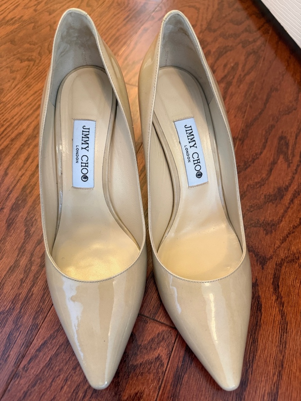Jimmy Choo Beige Patent Leather Pointed Toe Pumps